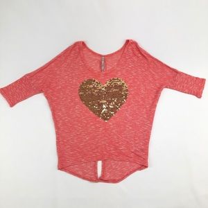 Slouchy Sequin Heart Button Back Coral Top